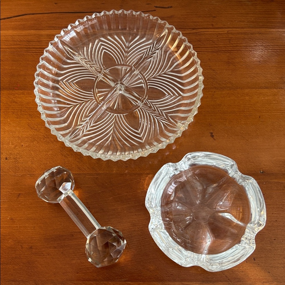 Vintage Clear crystal relish dish Knife rest and Heavy lead crystal trinket dish